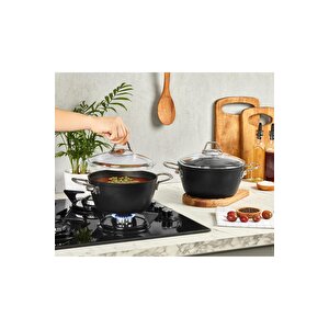Dark Granit Derin Tencere Cam Kapaklı Yanmaz Yapışmaz Titanyum Kaplama - 24 Cm