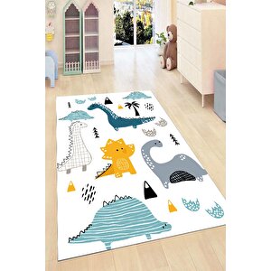 Dinazor Desenli Çocuk Odası Halısı Kaymaz Taban Halı Makinede Yıkanabilir Oyun Halısı 80x150 cm