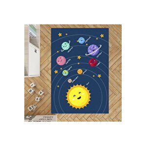Eğitici Güneş Sistemi Çocuk Halısı Gezegenli Çocuk Halısı Kaymaz Taban Leke Tutmaz Çocuk Halısı 100x150 cm