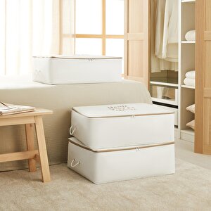Ocean Home Textile 3'lü Büyük Boy Bej Fermuarlı Beyaz Renk Home Sweet Home Baza Altı Hurç Set 62 X 46 X 22 Cm