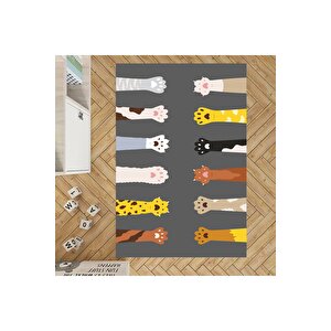 Kedi Patili Çocuk Halısı Gri Renk Çocuk Halısı Kaymaz Taban Halı Yıkanabilir Oyun Halısı 150x200 cm
