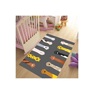 Kedi Patili Çocuk Halısı Gri Renk Çocuk Halısı Kaymaz Taban Halı Yıkanabilir Oyun Halısı 150x200 cm