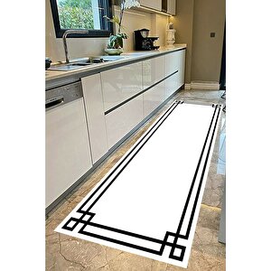 Beyaz Zemin Siyah Çerçeveli Yolluk Koridor Halısı Kaymaz Taban Yıkanabilir Yolluk Antre Halısı 160x200 cm