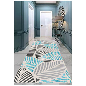 Mavi Renk Yolluk Yaprak Desen Yolluk Koridor Halısı Uzun Halı Antre Halı Yıkanabilir Yolluk 120x400 cm