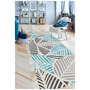 Mavi Renk Yolluk Yaprak Desen Yolluk Koridor Halısı Uzun Halı Antre Halı Yıkanabilir Yolluk 100x150 cm