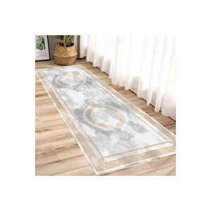 Gri Geçişli Bej Renk Yolluk Göbekli Salon Halısı Dekoratif Yolluk Halısı Kaymaztaban Yıkanabilir Halı 80x350 cm