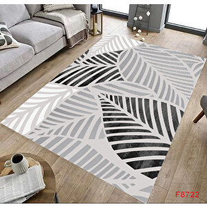 Gri Renk Yaprak Detaylı Yıkanabilir Salon Halısı Mutfak Halısı Kordior Halısı Yolluk 130x180 cm