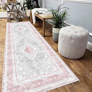 Gri Geçişli Pembe Renk Yolluk Göbekli Salon Halısı Dekoratif Yolluk Halısı Kaymaztaban Yıkanabilir Halı 100x400 cm