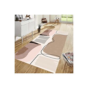Geometrik Desen Yolluk Nude Renk Koridor Halısı Kaymaz Taban Yıkanabilir Yolluk Antre Halısı 80x200 cm