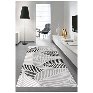 Gri Renk Yaprak Detaylı Yıkanabilir Salon Halısı Mutfak Halısı Kordior Halısı Yolluk