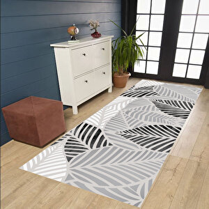 Gri Renk Yaprak Detaylı Yıkanabilir Salon Halısı Mutfak Halısı Kordior Halısı Yolluk 120x350 cm