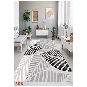 Gri Renk Yaprak Detaylı Yıkanabilir Salon Halısı Mutfak Halısı Kordior Halısı Yolluk