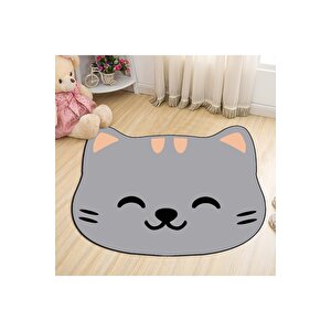 Gri Yuvarlak Halı Kedili Çocuk Halısı Yuvarlak Çocuk Halısı Dekoratif Çocuk Halısı Leke Tutmaz 80x80 cm