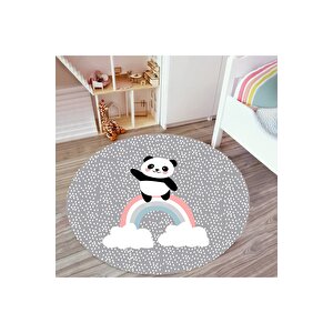 Gri Panda Desenli Halı Yuvarlak Çocuk Halısı Kaymaz Taban Yıkanabilir Çocuk Halısı