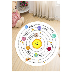 Yuvarlak Çocuk Halısı Güneş Sistemi Çocuk Halısı Gezegenler Çocuk Halısı Kaymaz Taban Halı 80x80 cm