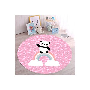 Pembe Panda Desenli Halı Yuvarlak Çocuk Halısı Kaymaz Taban Yıkanabilir Çocuk Halısı 180x180 cm
