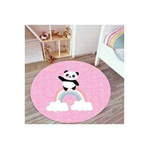 Pembe Panda Desenli Halı Yuvarlak Çocuk Halısı Kaymaz Taban Yıkanabilir Çocuk Halısı 180x180 cm