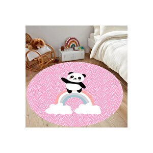 Pembe Panda Desenli Halı Yuvarlak Çocuk Halısı Kaymaz Taban Yıkanabilir Çocuk Halısı