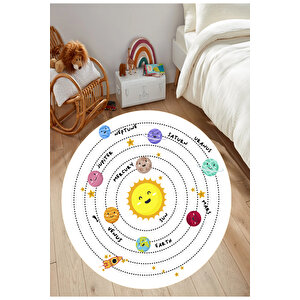 Yuvarlak Çocuk Halısı Güneş Sistemi Çocuk Halısı Gezegenler Çocuk Halısı Kaymaz Taban Halı 100x100 cm