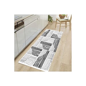 Beyaz Mutfak Halısı Çizgili Halı Dekoratif Mutfak Halısı Kaymaz Yıkanabilir Halı Leke Tutmaz 80x100 cm