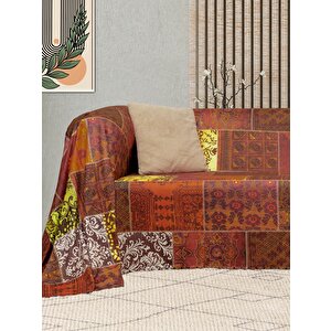 Softmicro Etnik Desenli Boho 180x300 Cm  Koltuk Örtüsü Şalı, Kanepe Örtüsü, Tv Battaniyesi Kiremit Rengi