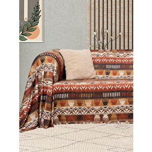 Softmicro Etnik Desenli Boho 130x180 Cm Koltuk Örtüsü Şalı, Kanepe Örtüsü, Tv Battaniyesi Toprak