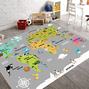 Dünya Haritalı Çocuk Halısı Eğitici Öğretici Çocuk Halısı Kaymaz Taban Halı Oyun Halısı 80x600 cm