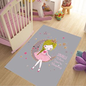 Ayda Oturan Sevimli Kız Çocuk Halısı Kız Figürlü Halı Makinede Yıkanabilir Leke Tutmaz 120x250 cm