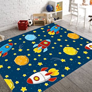 Uzay Desen Çocuk Halısı Uzay Gemisi Çocuk Halısı Kaymaz Taban Halı Makinede Yıkanabilir Oyun Halısı 100x300 cm