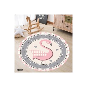 Pembe Flamingo Desen Çocuk Halısı Yuvarlak Çocuk Halısı Dekoratif Çocuk Halısı Leke Tutmaz 120x120 cm