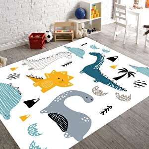 Dinazor Desenli Çocuk Odası Halısı Kaymaz Taban Halı Makinede Yıkanabilir Oyun Halısı 120x180 cm