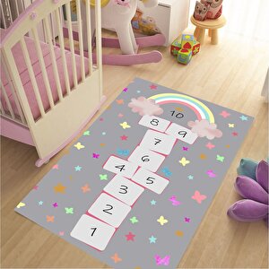 Kelebekli Kaymaz Taban Makinede Yıkanabilir Gri Seksek Desenli Çocuk Odası Halısı Oyun Halısı 130x180 cm