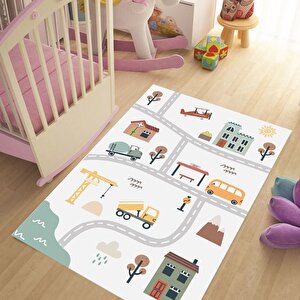 Şehirli Çocuk Trafik Yolu Makinede Yıkanabilir Leke Tutmaz Oyun Halısı 100x150 cm