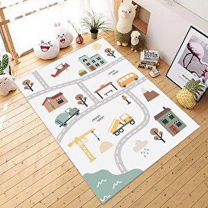 Şehirli Çocuk Trafik Yolu Makinede Yıkanabilir Leke Tutmaz Oyun Halısı 100x200 cm
