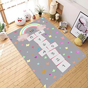 Kelebekli Kaymaz Taban Makinede Yıkanabilir Gri Seksek Desenli Çocuk Odası Halısı Oyun Halısı 160x250 cm
