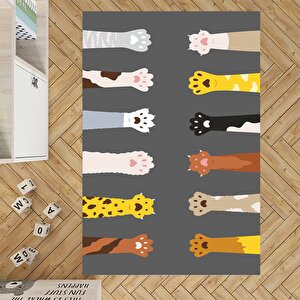 Kedi Patili Çocuk Halısı Gri Renk Çocuk Halısı Kaymaz Taban Halı Yıkanabilir Oyun Halısı 100x300 cm