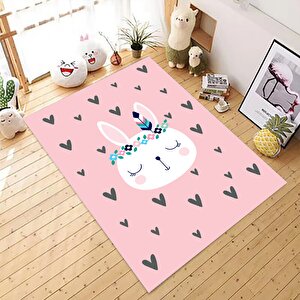 Sevimli Tavşan Kalpli Çocuk Halısı Kaymaz Taban Halı Makinede Yıkanabilir Oyun Halısı 160x250 cm