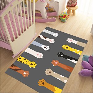 Kedi Patili Çocuk Halısı Gri Renk Çocuk Halısı Kaymaz Taban Halı Yıkanabilir Oyun Halısı 160x300 cm