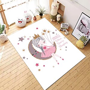 Ayda Oturan Sevimli Kız Çocuk Halısı Kız Figürlü Halı Makinede Yıkanabilir Leke Tutmaz 120x250 cm