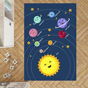 Eğitici Güneş Sistemi Çocuk Halısı Gezegenli Çocuk Halısı Kaymaz Taban Leke Tutmaz Çocuk Halısı 100x500 cm