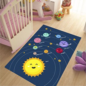 Eğitici Güneş Sistemi Çocuk Halısı Gezegenli Çocuk Halısı Kaymaz Taban Leke Tutmaz Çocuk Halısı 80x500 cm