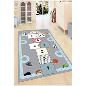 Araba Yollu Trafik Yolu Eğitici Seksek Oyun Halısı Dijital Baskılı Kaymaz Taban Çocuk Odası Halısı 120x300 cm