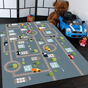 Araba Yolu Desenli Çocuk Odası Halısı Kaymaz Taban Halı Makinede Yıkanabilir Oyun Halısı