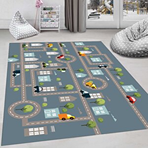 Araba Yolu Desenli Çocuk Odası Halısı Kaymaz Taban Halı Makinede Yıkanabilir Oyun Halısı 80x100 cm