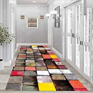 Renkli Modern Kare Detaylı Yıkanabilir Salon Halısı Mutfak Halısı Kordior Halısı Yolluk 90x300 cm