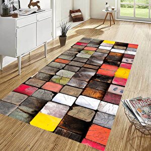 Renkli Modern Kare Detaylı Yıkanabilir Salon Halısı Mutfak Halısı Kordior Halısı Yolluk 120x200 cm