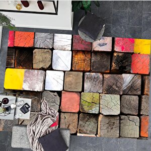 Renkli Modern Kare Detaylı Yıkanabilir Salon Halısı Mutfak Halısı Kordior Halısı Yolluk