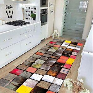 Renkli Modern Kare Detaylı Yıkanabilir Salon Halısı Mutfak Halısı Kordior Halısı Yolluk