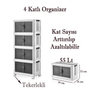 4 Katlı Dolap Saklama Kutusu Sepet Organizer Kapaklı Depolama Düzenleyici Kutu Tekerlekli Beyaz