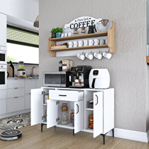 Rani Je138 Kahve Köşesi Çok Amaçlı Dolap 4 Kapaklı Mutfak Dolabı Beyaz - Sepet Ceviz